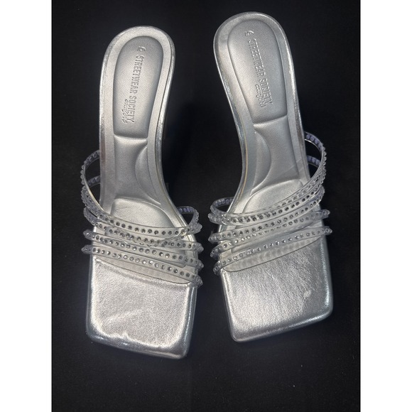 Streetwear Society Shoes - Streetwear Society Womens Silver Metallic Rhinestone Square Toe Stiletto Heels 6
